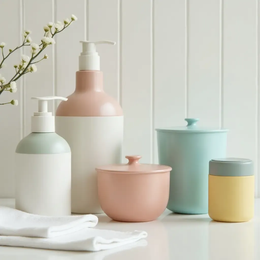 a photo of a bathroom with colorful jars for toiletries storage