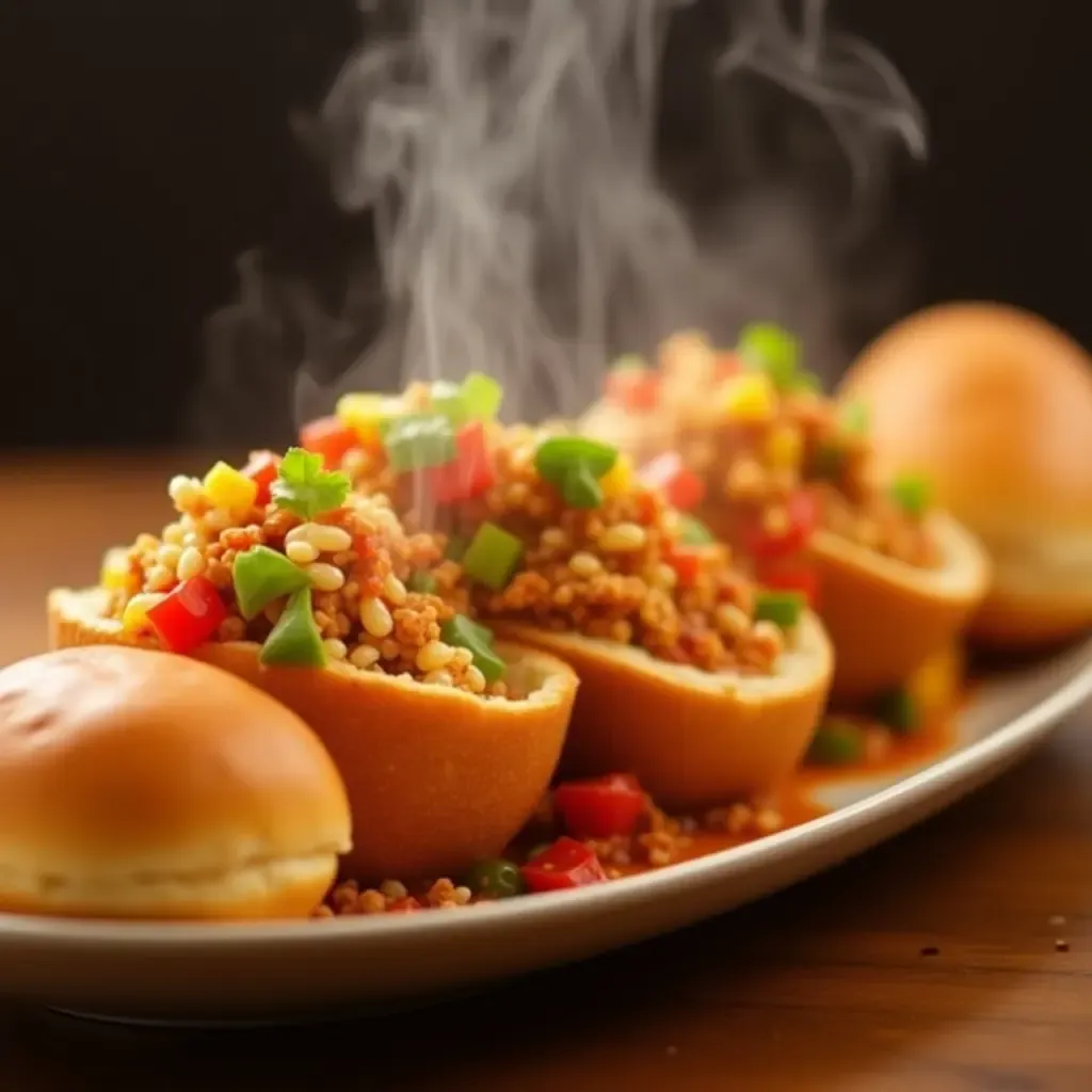 a photo of steaming hot Pav Bhaji, served with buttered buns and colorful toppings.