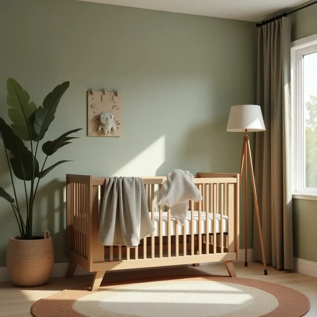 a photo of a nursery featuring earthy tones of brown and sage green