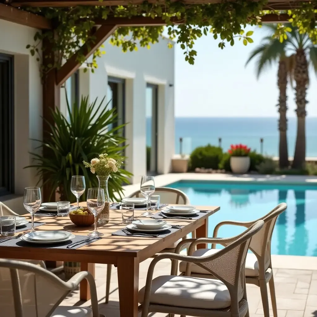 a photo of a charming outdoor dining setup with a view of the pool