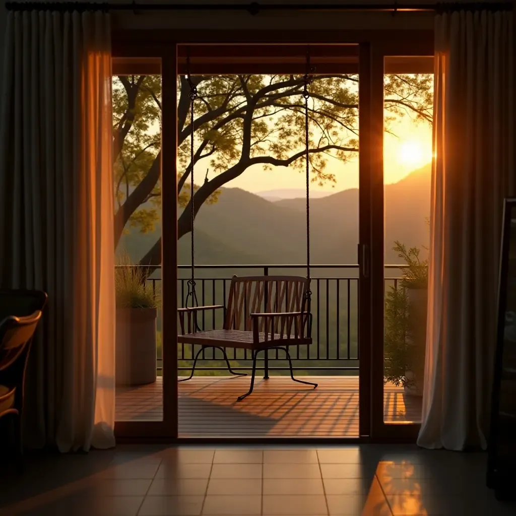 a photo of a balcony with a swing chair and warm lighting