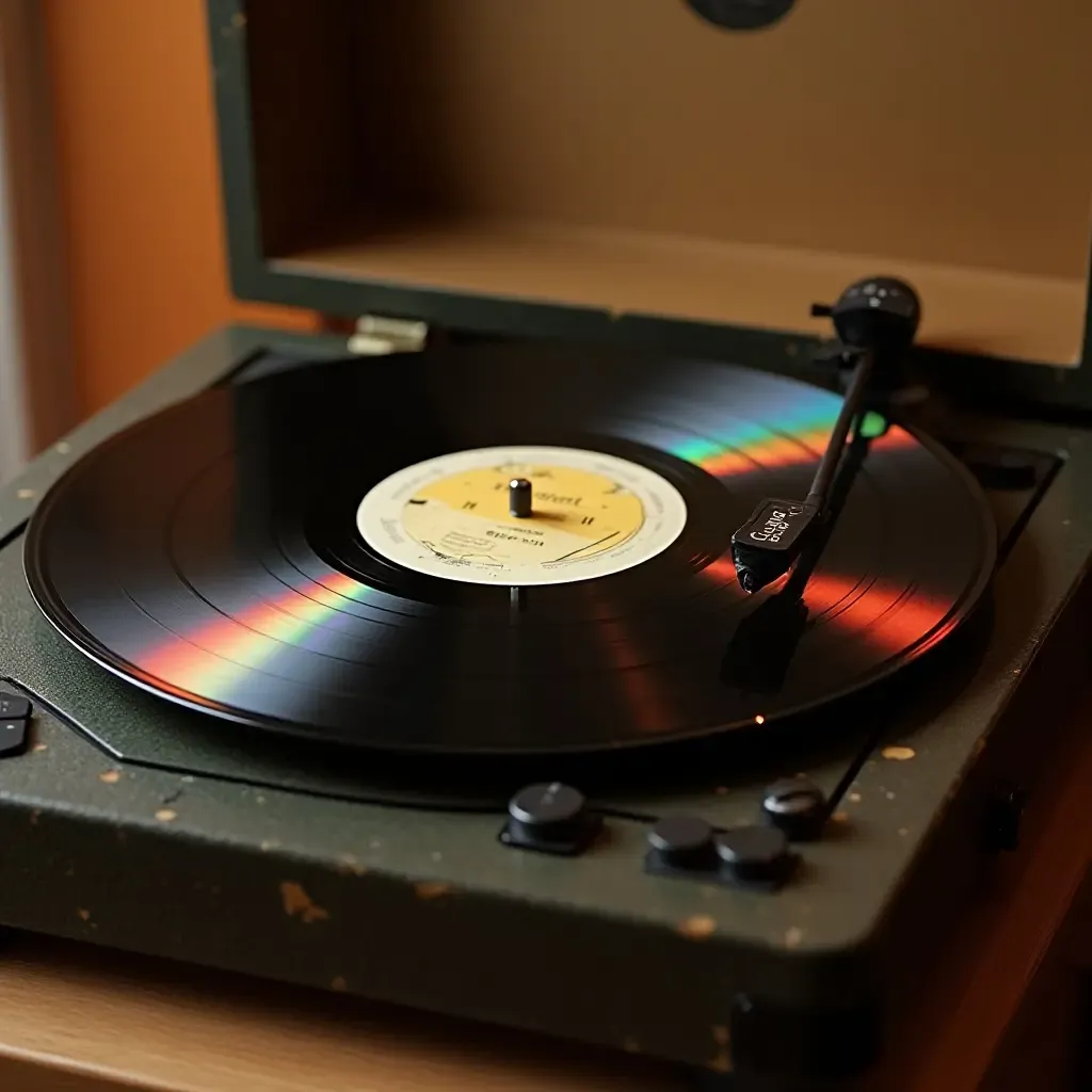 a photo of a vintage record player with colorful vinyl records