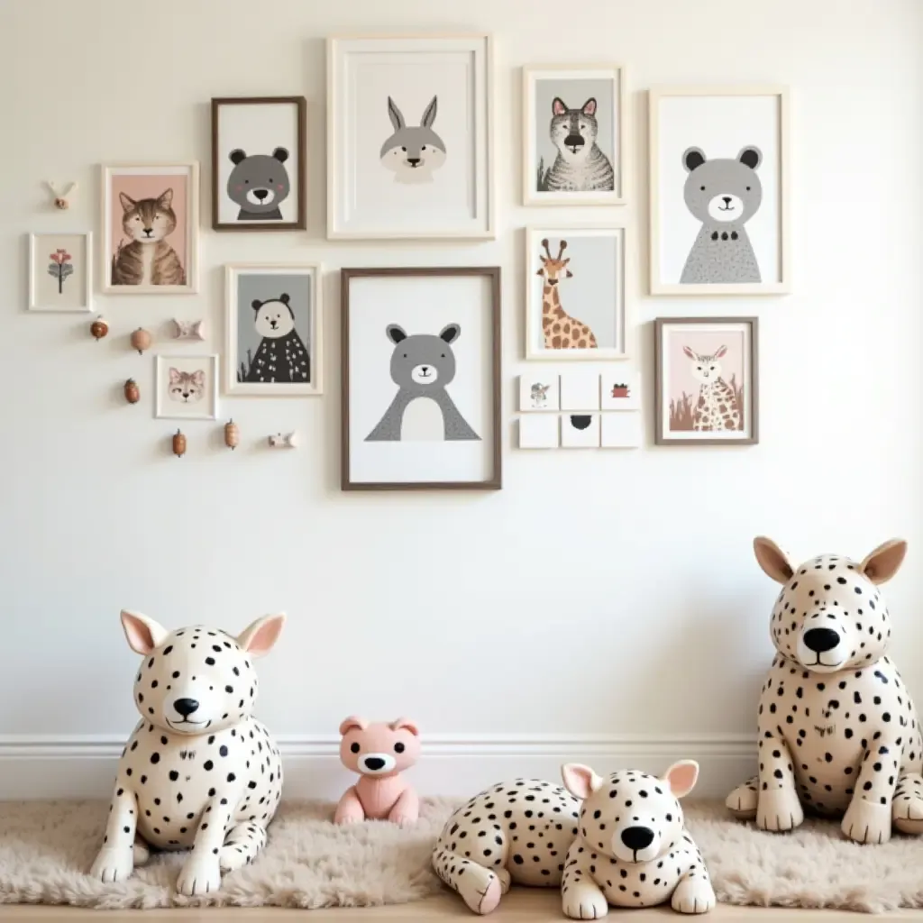 a photo of a whimsical gallery wall with animal-themed prints and decorations