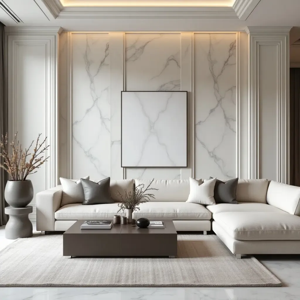 a photo of a stylish living room featuring marble accent walls and elegant furniture