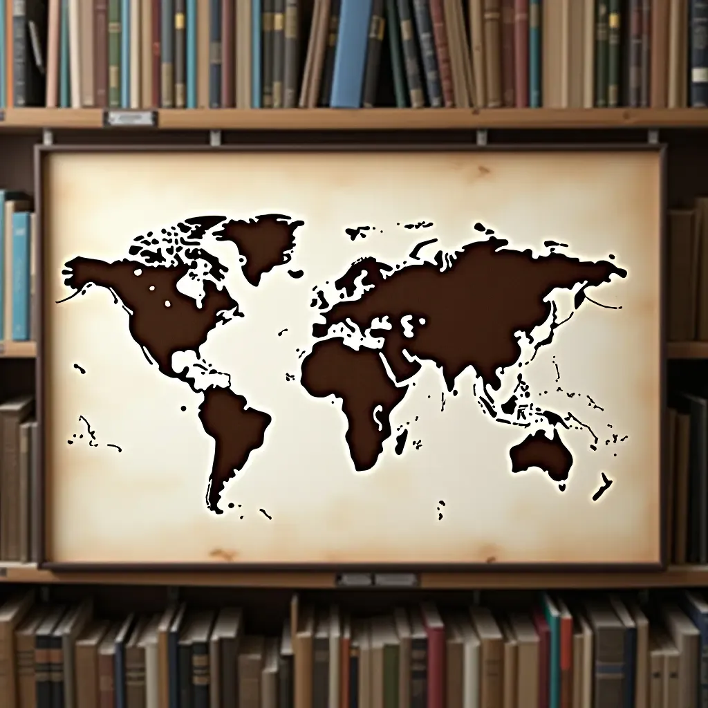 a photo of a world map made of book pages in a library