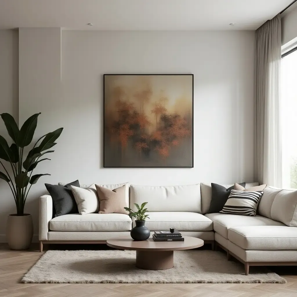 a photo of a chic living room with metal wall art and soft furnishings