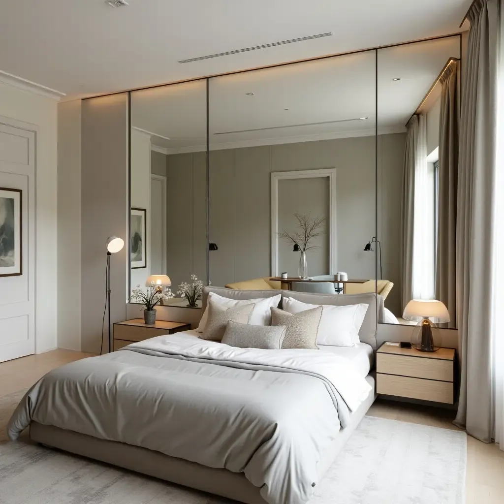 a photo of a modern bedroom with a wall of mirrors creating depth