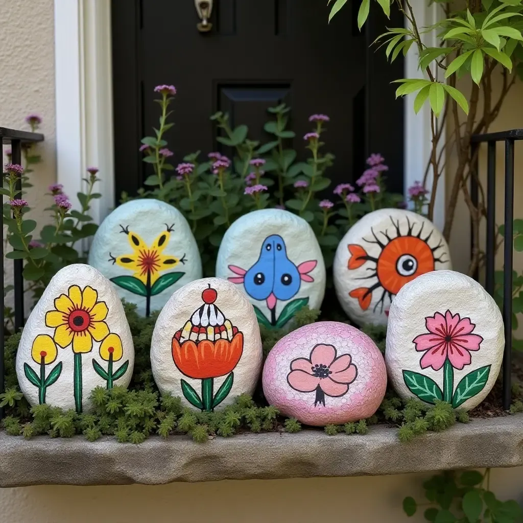 a photo of a balcony decorated with painted rocks as garden markers