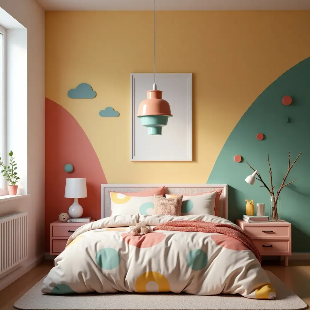 a photo of a colorful pendant light above a playful themed bedroom