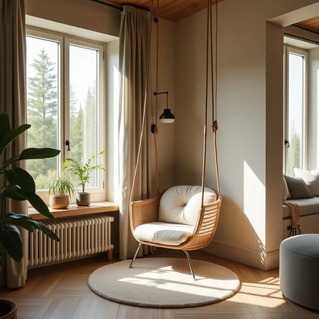 a photo of a corner nook featuring a swing chair and soft lighting