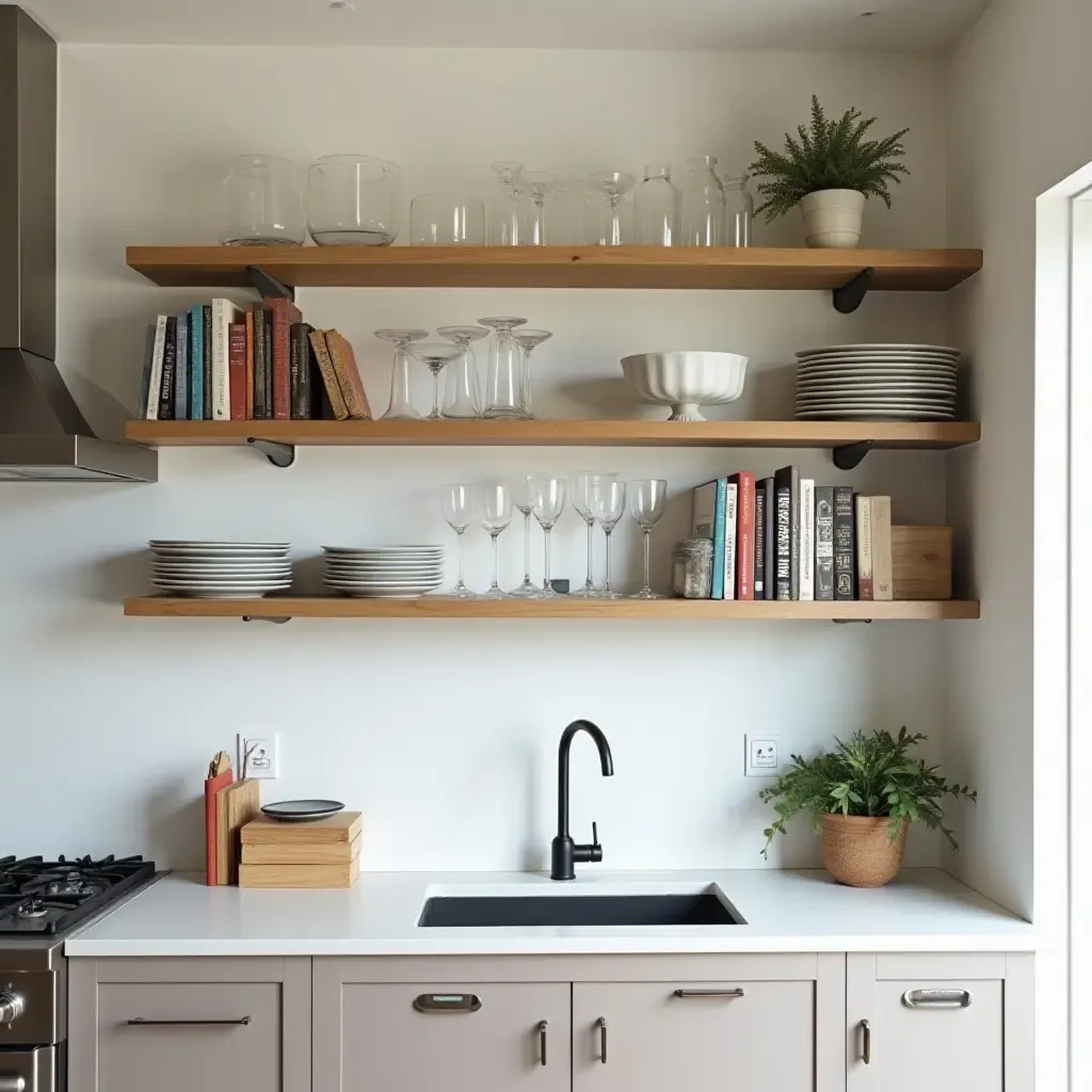 a photo of a kitchen with open shelves displaying a mix of glassware and cookbooks