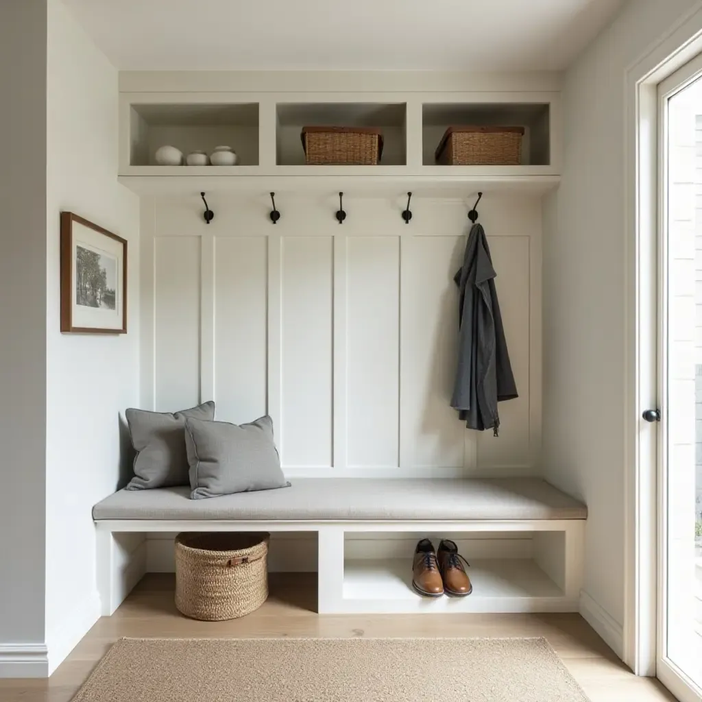 a photo of a functional entrance hall with a built-in bench and storage solutions