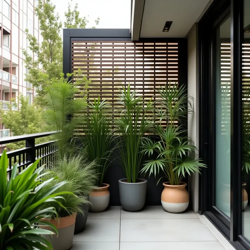 a photo of a balcony with a stylish privacy screen and plants