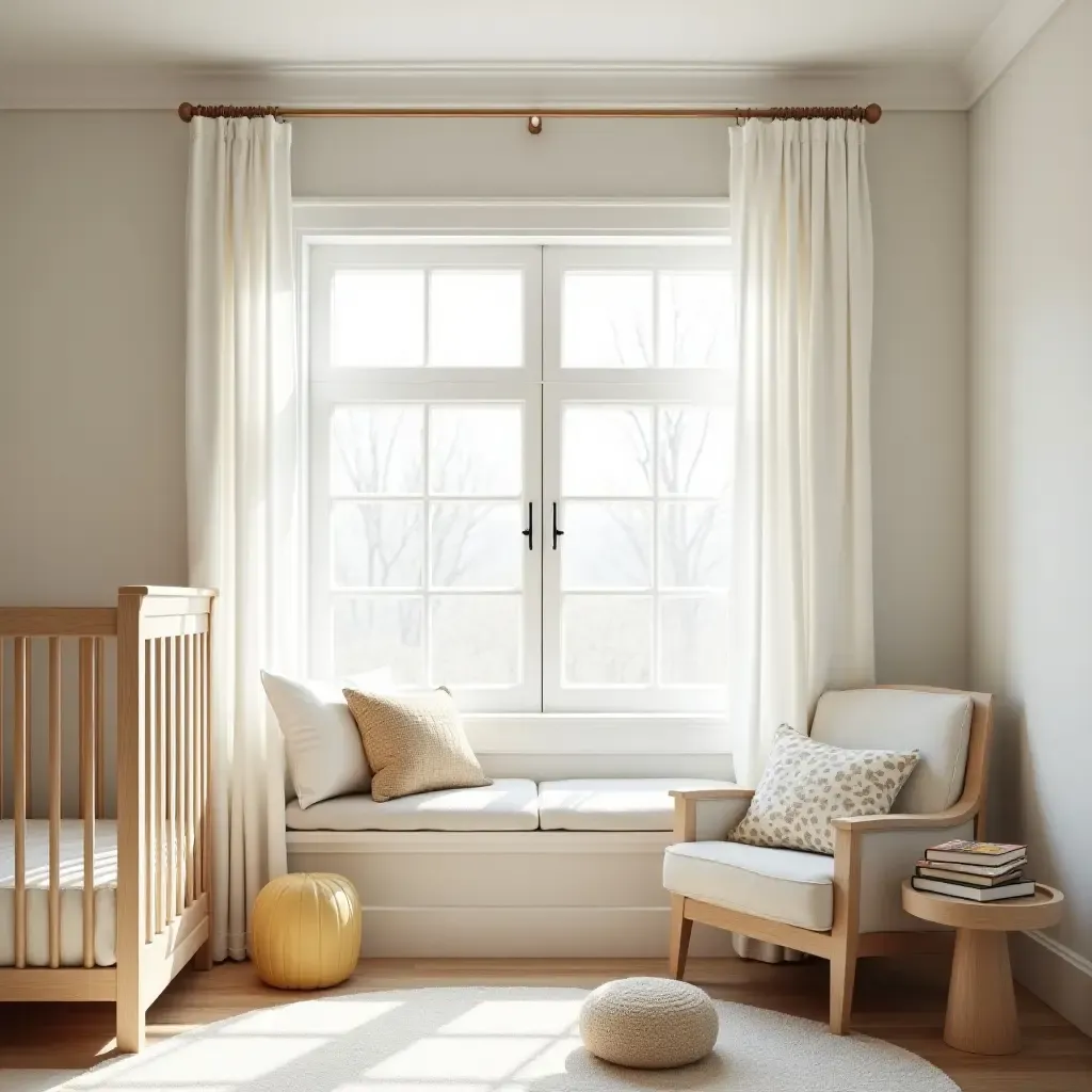 a photo of a nursery reading nook with a large window and natural light