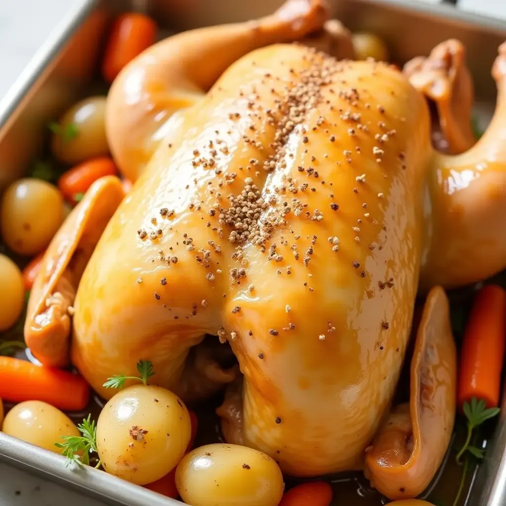 a photo of a roasted chicken seasoned with French herb blend, surrounded by potatoes and carrots.