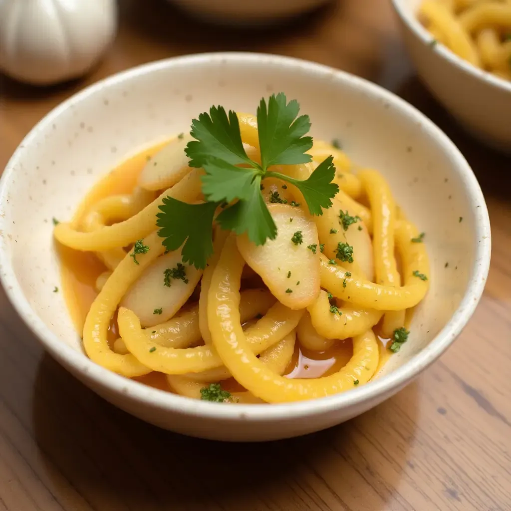 a photo of a bowl of Açorda à Alentejana, a garlic and bread-based dish with coriander.