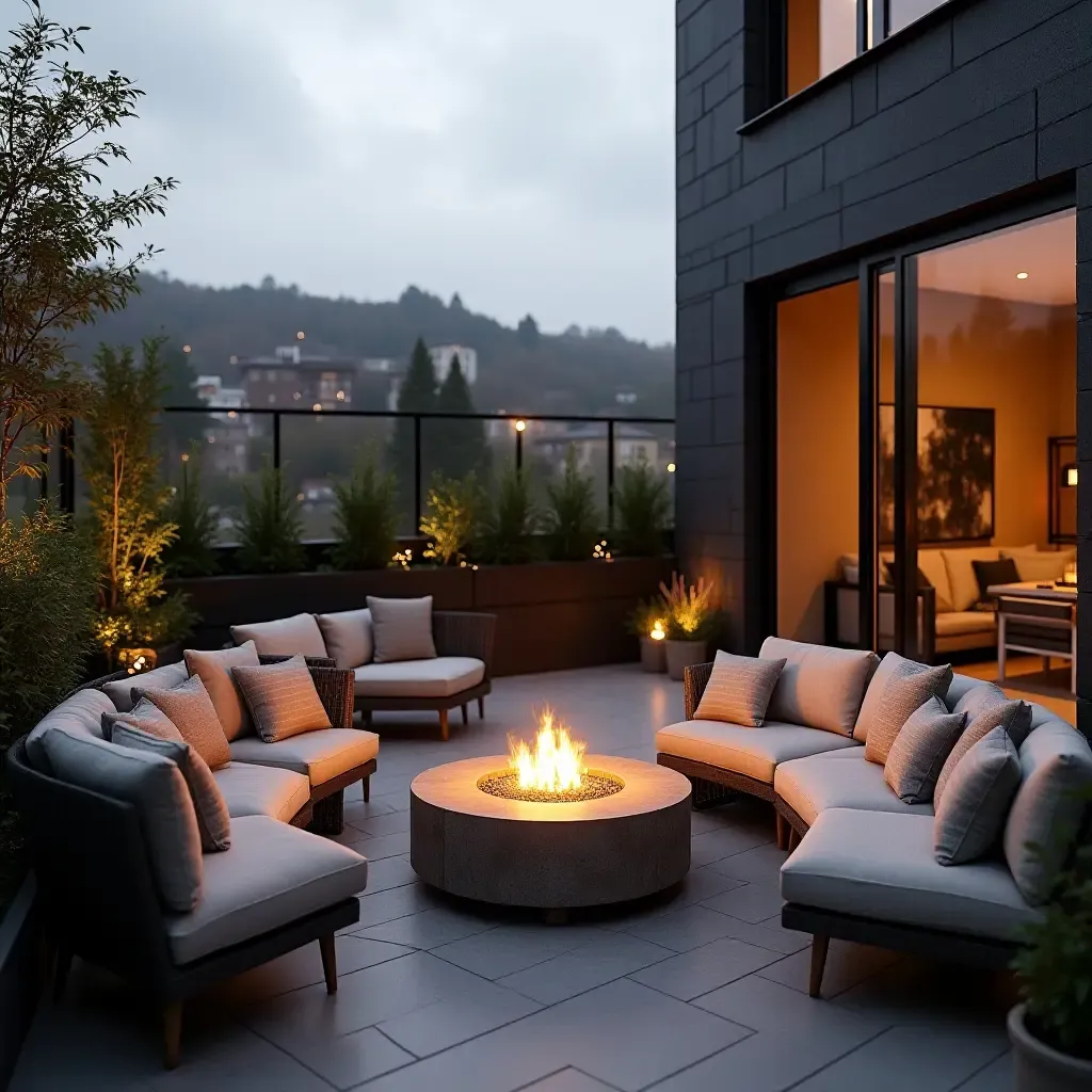 a photo of a balcony with a small outdoor fire pit and seating