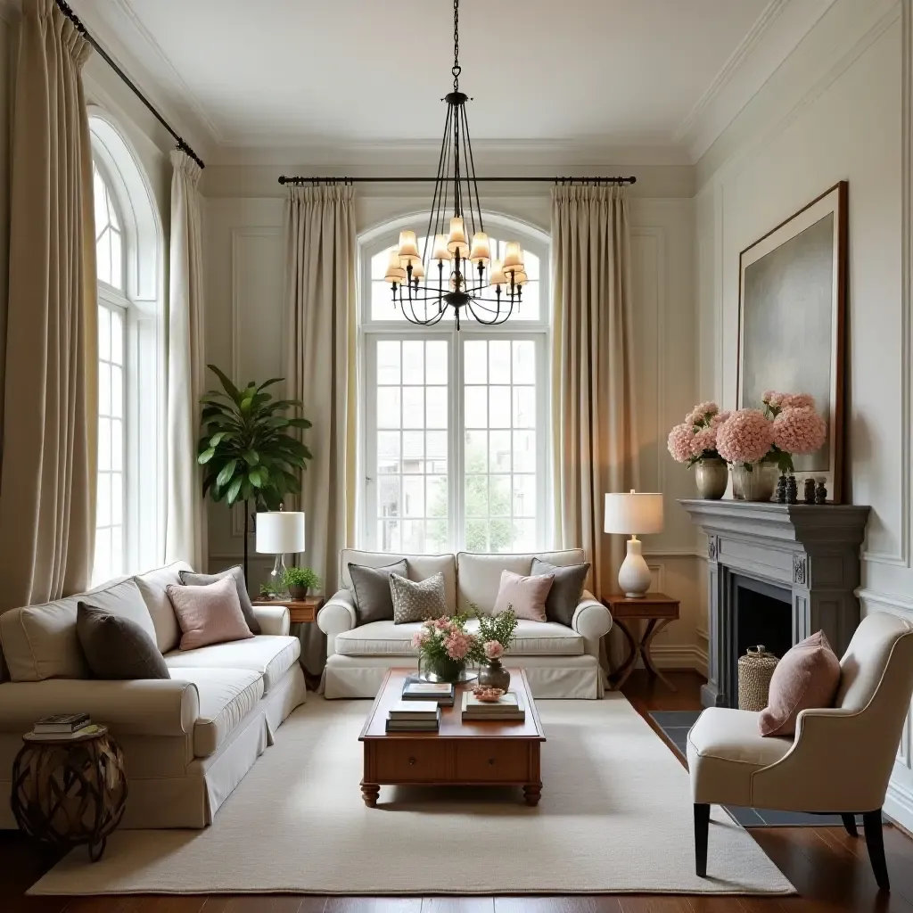 a photo of a living room featuring a vintage chandelier and floral accents