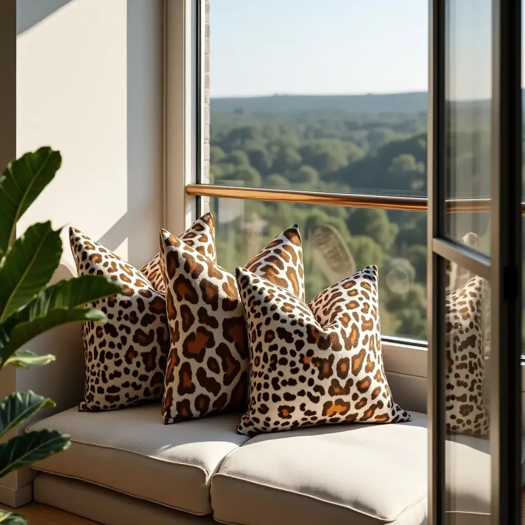 a photo of a balcony with throw pillows in animal prints