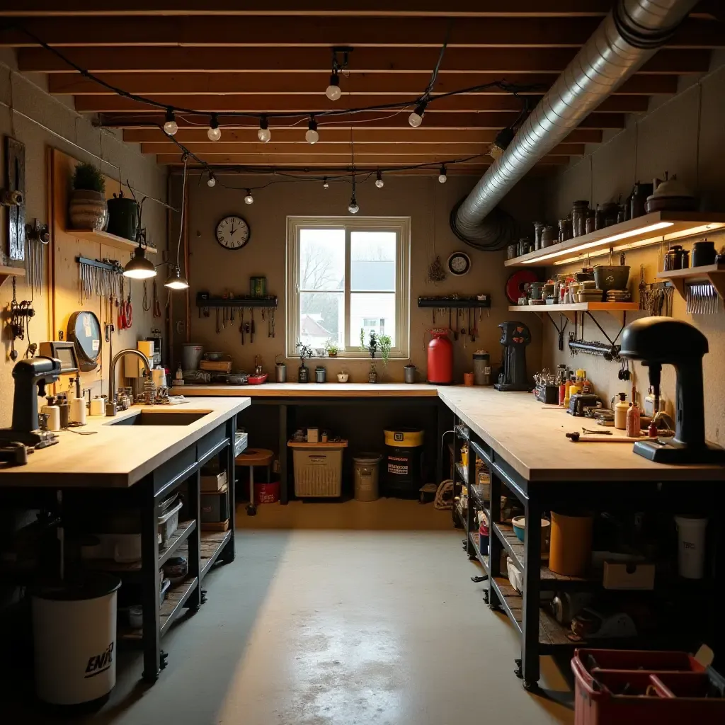 a photo of a basement workshop with metal tools and wooden workbenches