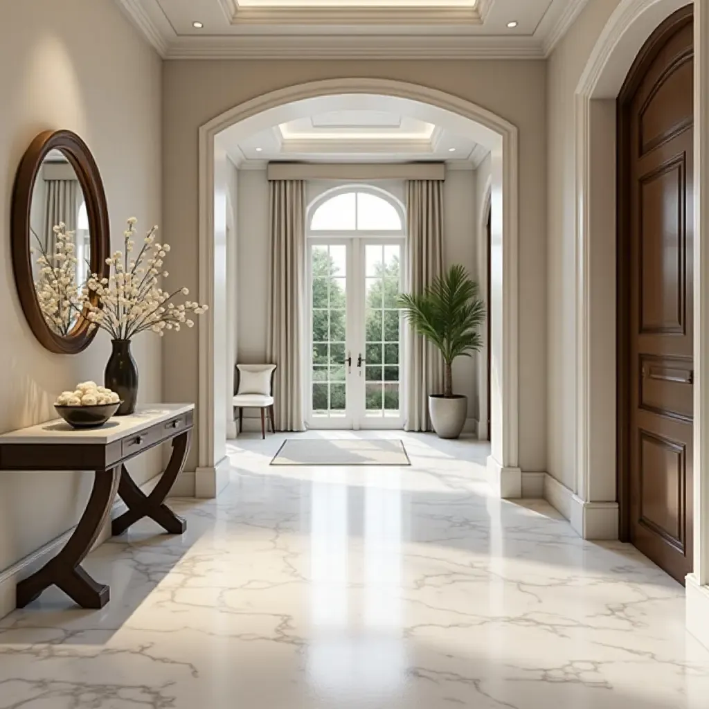 a photo of a glamorous entryway with marble flooring