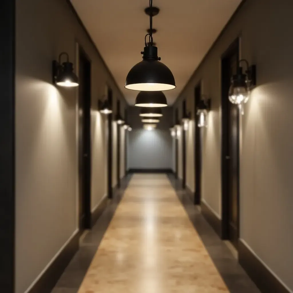 a photo of a contemporary corridor illuminated by industrial-style pendant lights