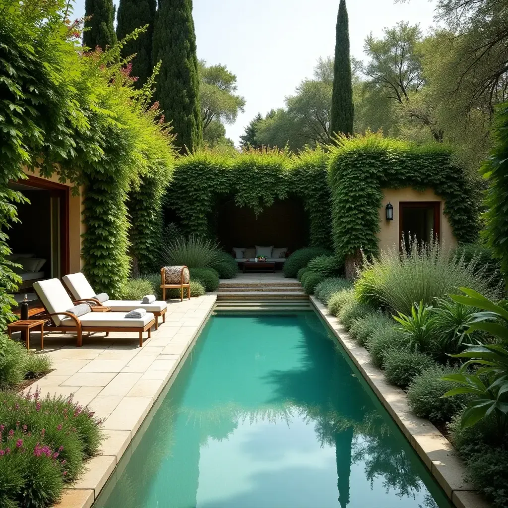 a photo of a Mediterranean garden with a pool and fragrant herbs