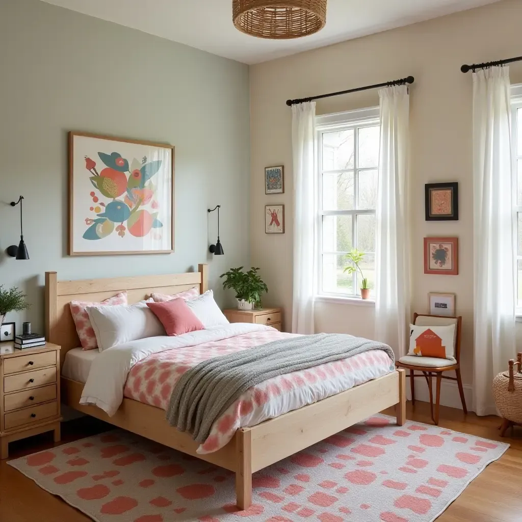 a photo of a playful bedroom with a farmhouse theme and colorful wall art