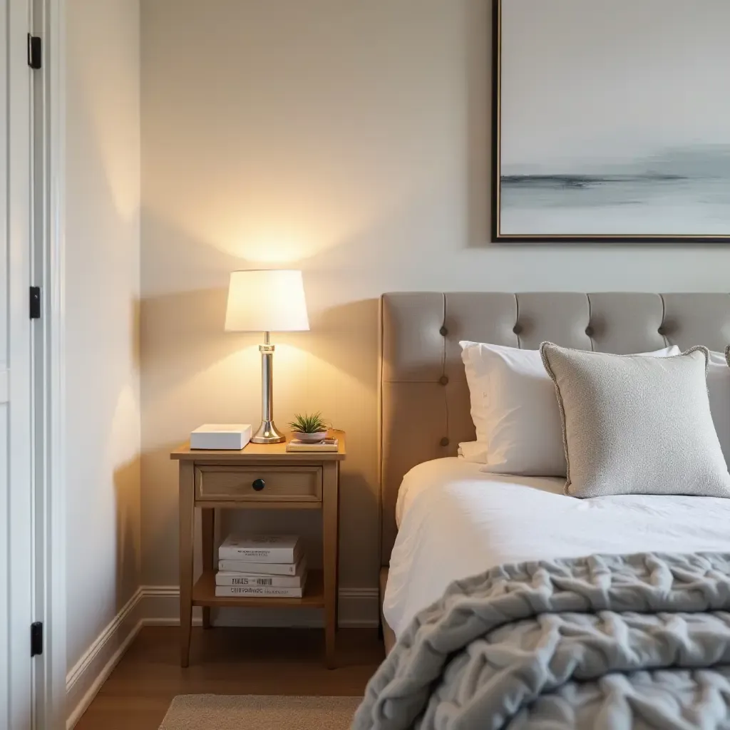 a photo of a stylish teen bedroom featuring a simple bedside table and lamp