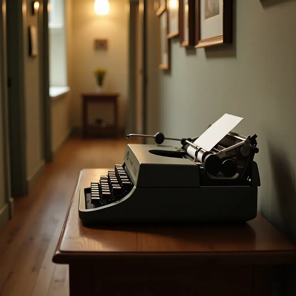 a photo of an old typewriter sitting on a hallway table