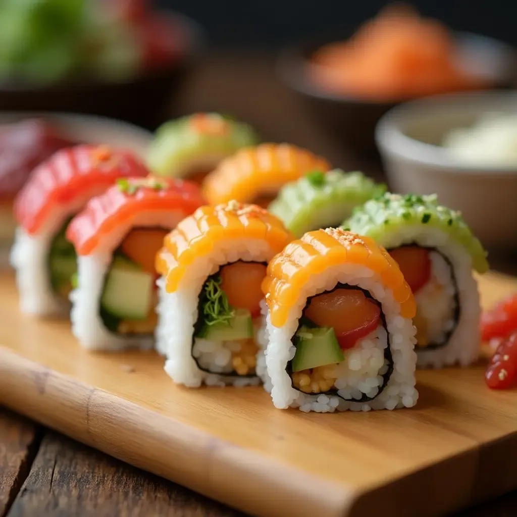 a photo of rainbow sushi rolls with vibrant colors and fresh ingredients on a wooden board.