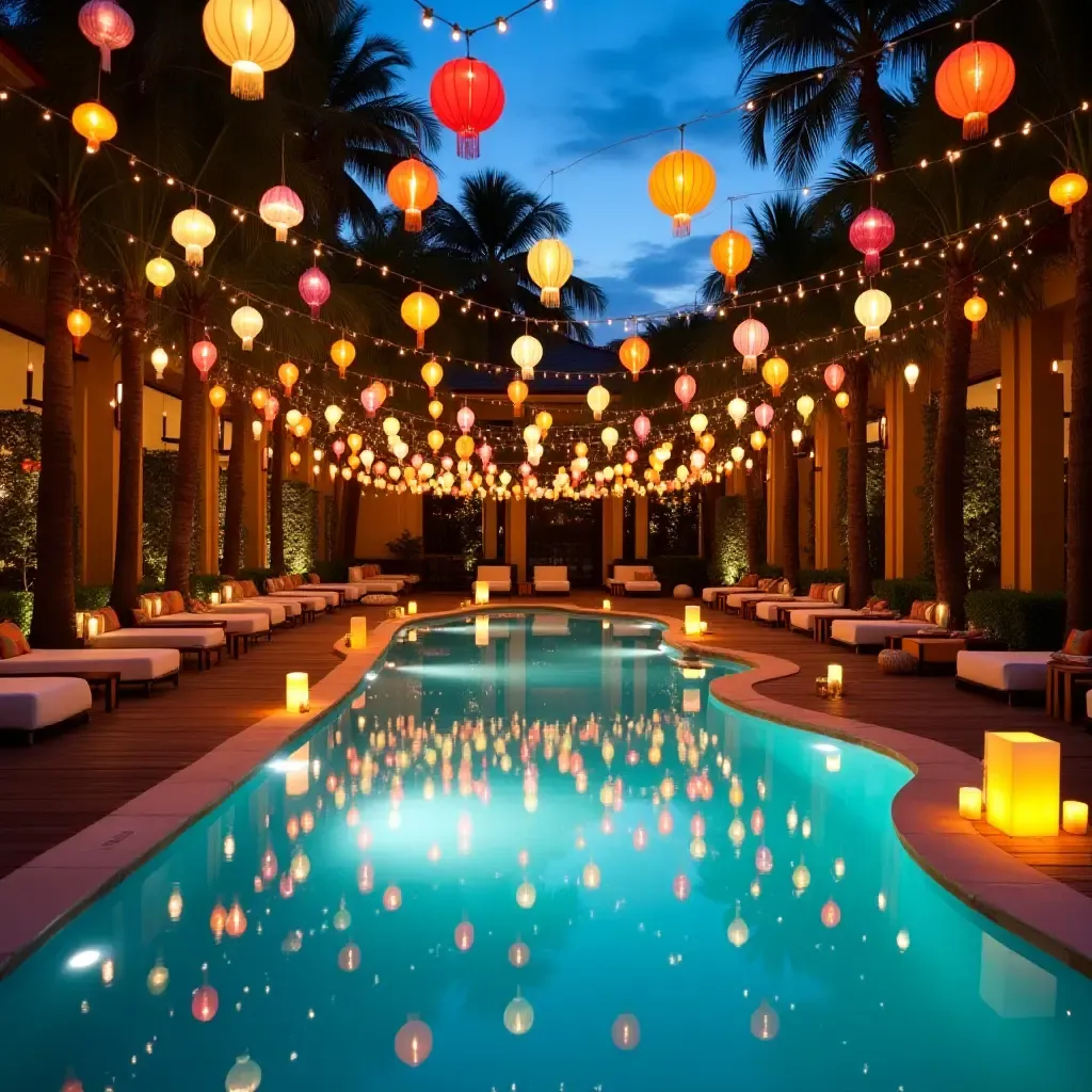 a photo of a pool area adorned with colorful lanterns and garlands