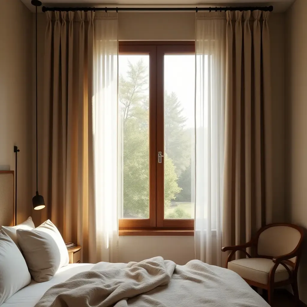 a photo of a bedroom with wooden window frames and drapes