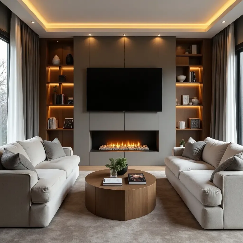 a photo of a chic TV room with a built-in fireplace and comfortable seating