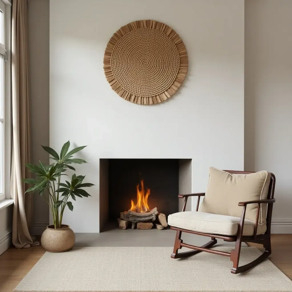 a photo of a charming space with a fireplace and woven wall art