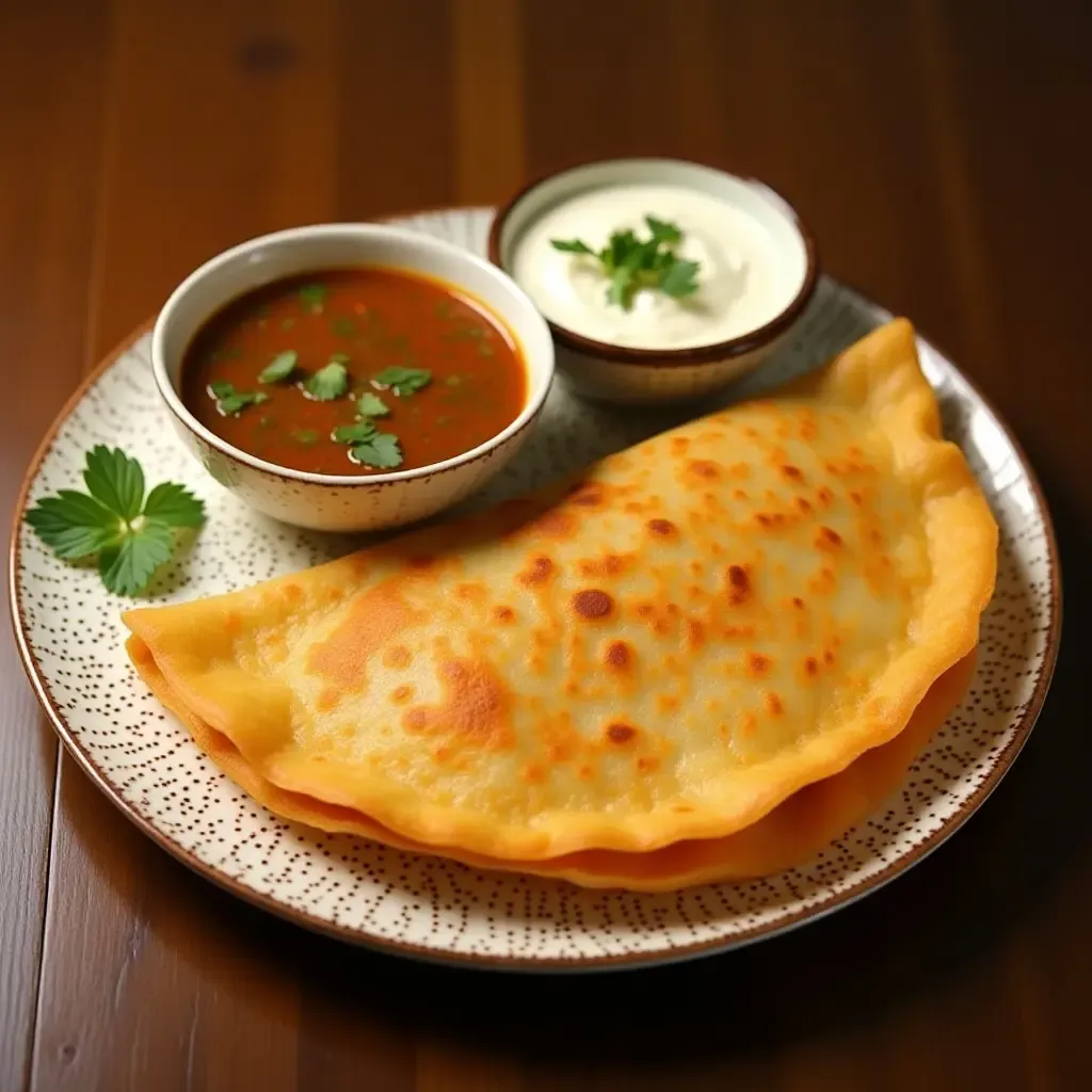 a photo of crispy masala dosa with coconut chutney and sambar, golden brown, traditional South Indian style