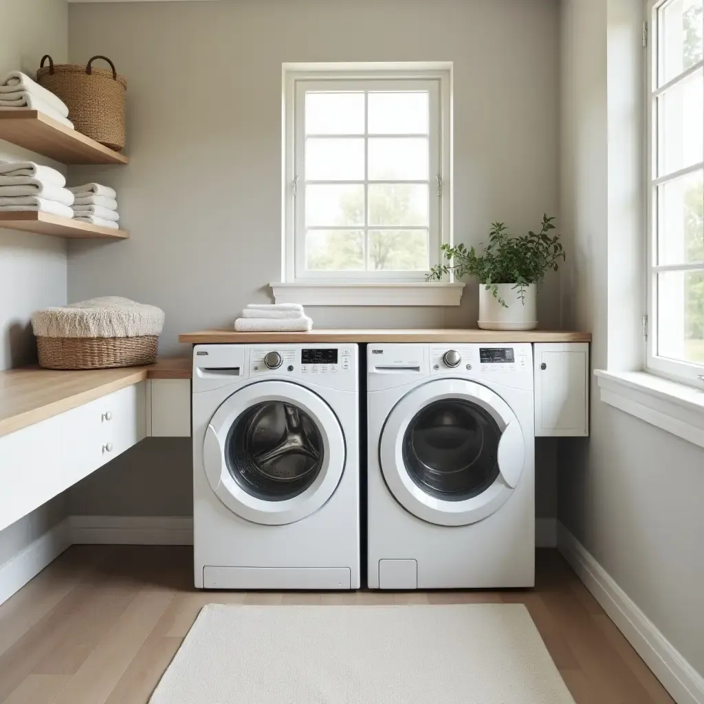 a photo of a laundry room with a narrow table for folding clothes