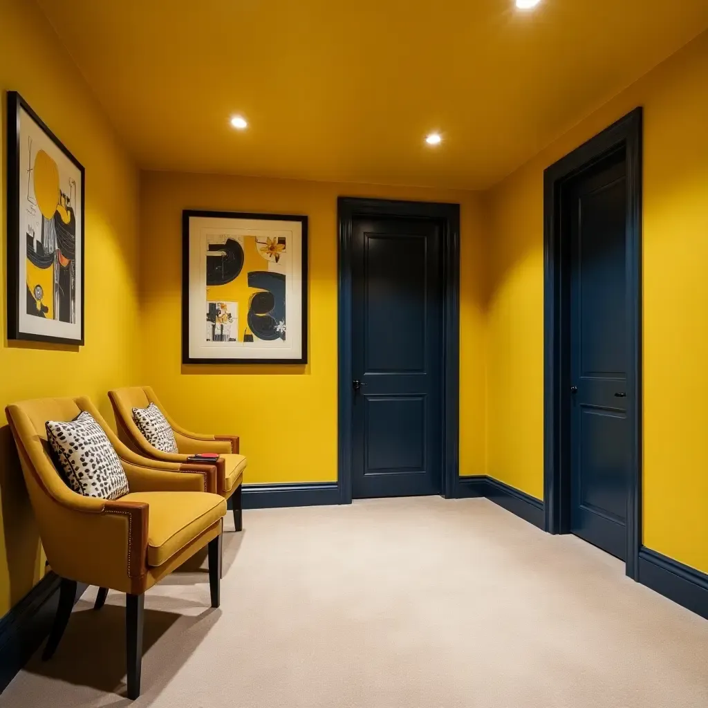 a photo of a basement decorated with bright yellow and deep navy accents