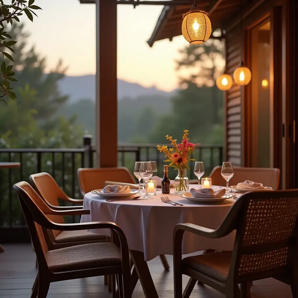 a photo of a balcony featuring a wooden table set for dinner