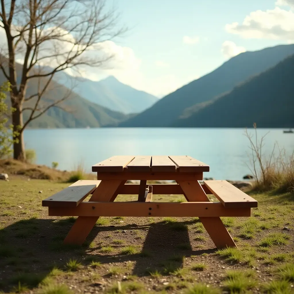 a photo of a retro picnic table set up near the water