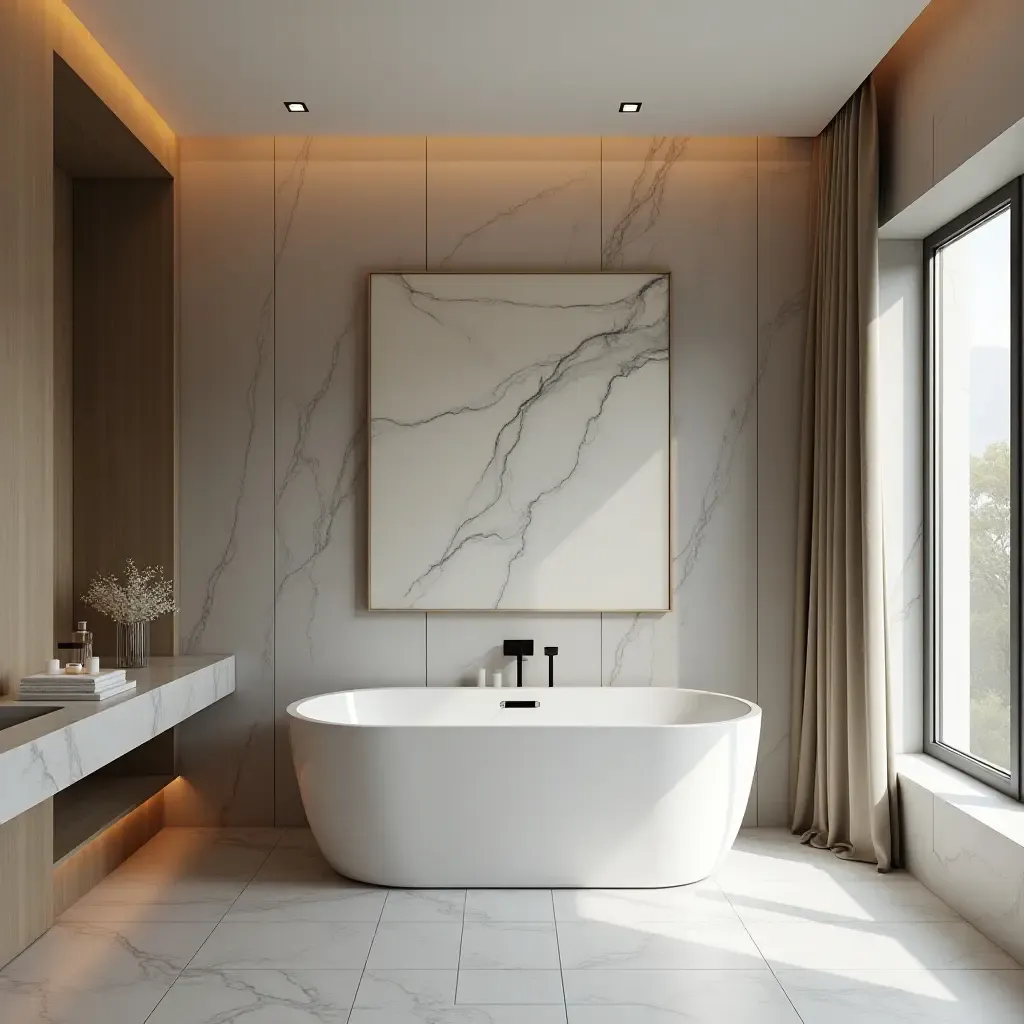 a photo of a modern bedroom with a freestanding bathtub and elegant decor