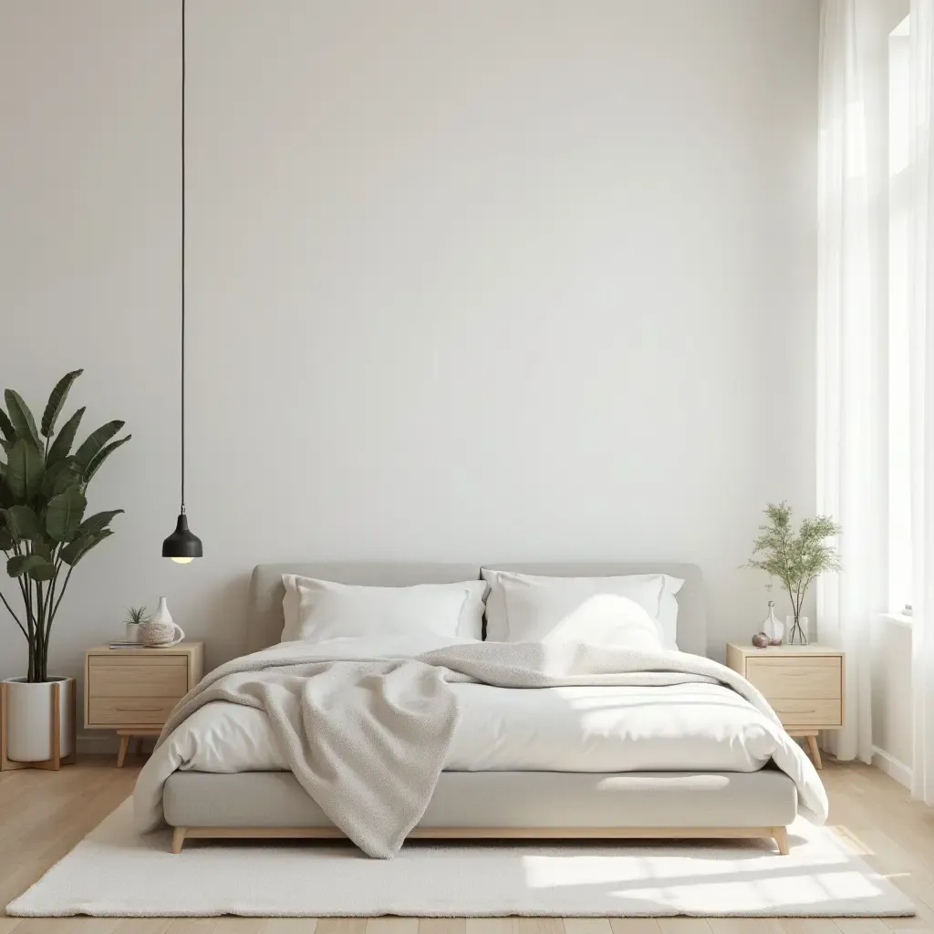 a photo of a minimalist bedroom with geometric furniture and minimal accessories