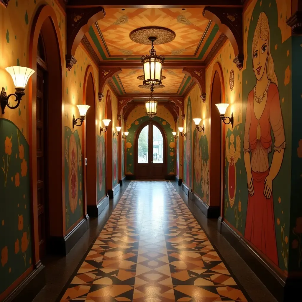 a photo of a hallway adorned with fairy tale characters