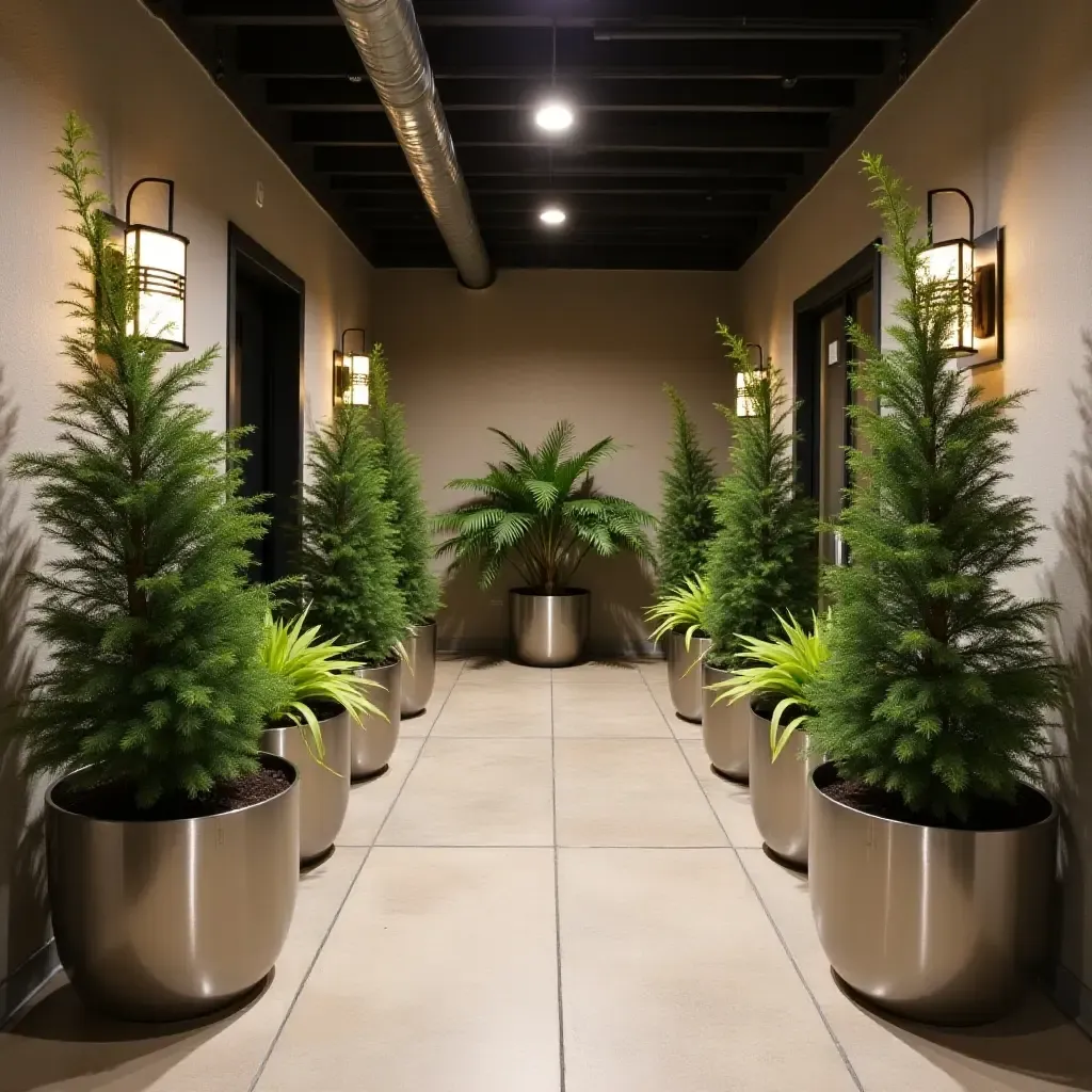 a photo of a basement with metallic planters and greenery