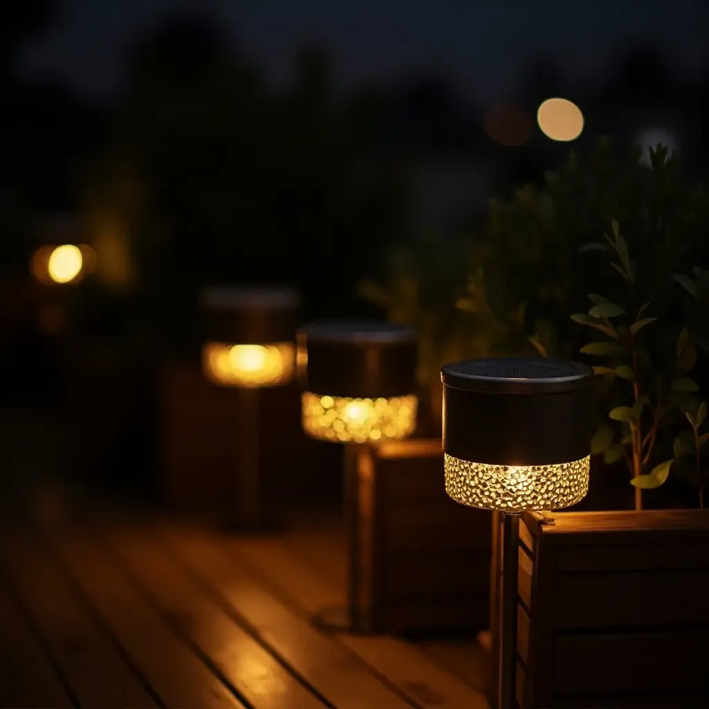 a photo of solar-powered garden lights illuminating a cozy balcony space