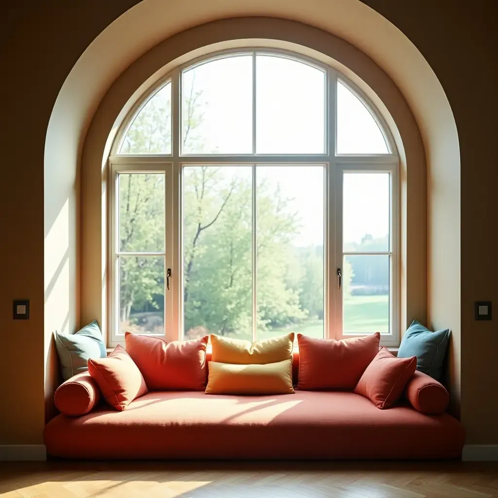 a photo of a reading nook featuring a large window and colorful cushions