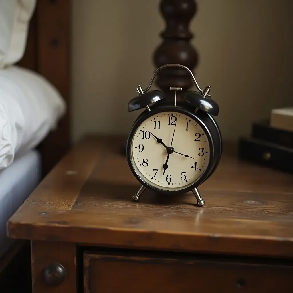 a photo of a vintage clock on a rustic bedside table