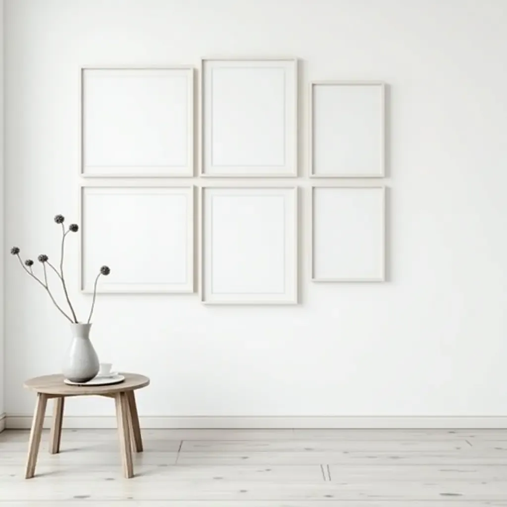 a photo of a minimalist gallery wall with monochrome prints and sleek frames