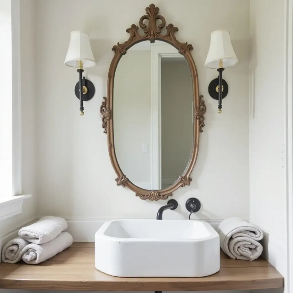 a photo of a farmhouse bathroom with a vintage mirror and soft towels