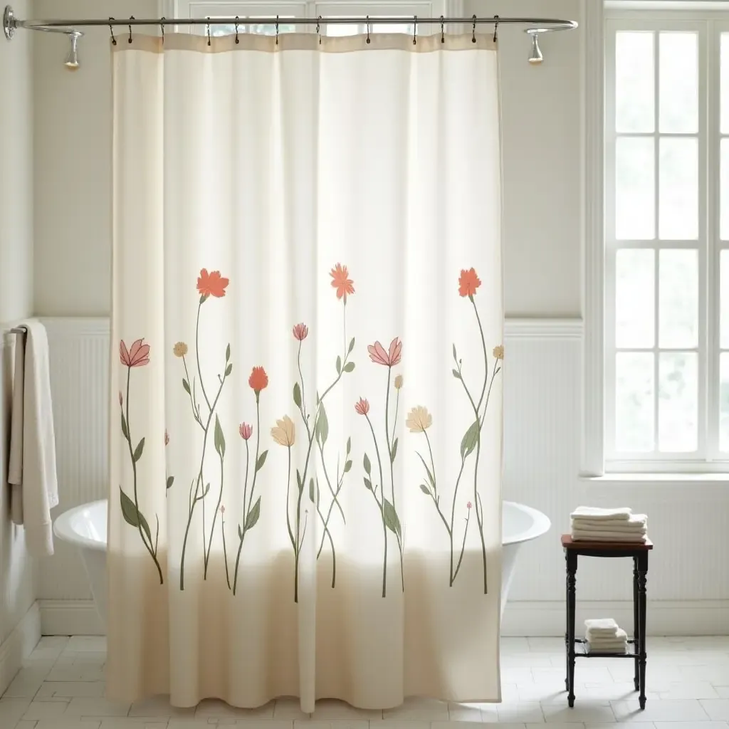 a photo of a vintage floral shower curtain in a cottagecore bathroom